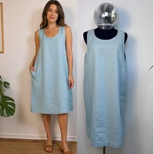 Cotton Connection 100% Linen Sleeveless Shift Dress, Blue Large, Natural Fibers